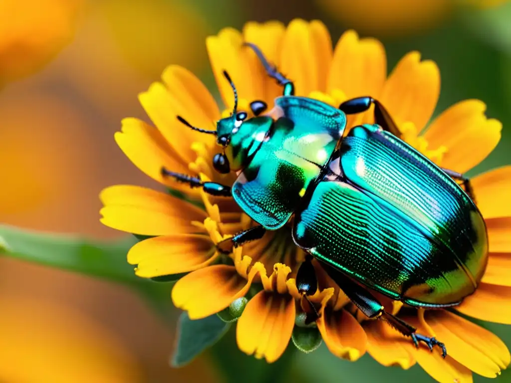 Detalle impresionante de un escarabajo verde y negro posado en una brillante flor de caléndula