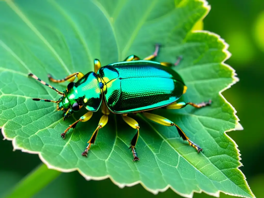 Detalle impresionante de un escarabajo verde metálico sobre una hoja, resaltando la importancia de la conservación de insectos