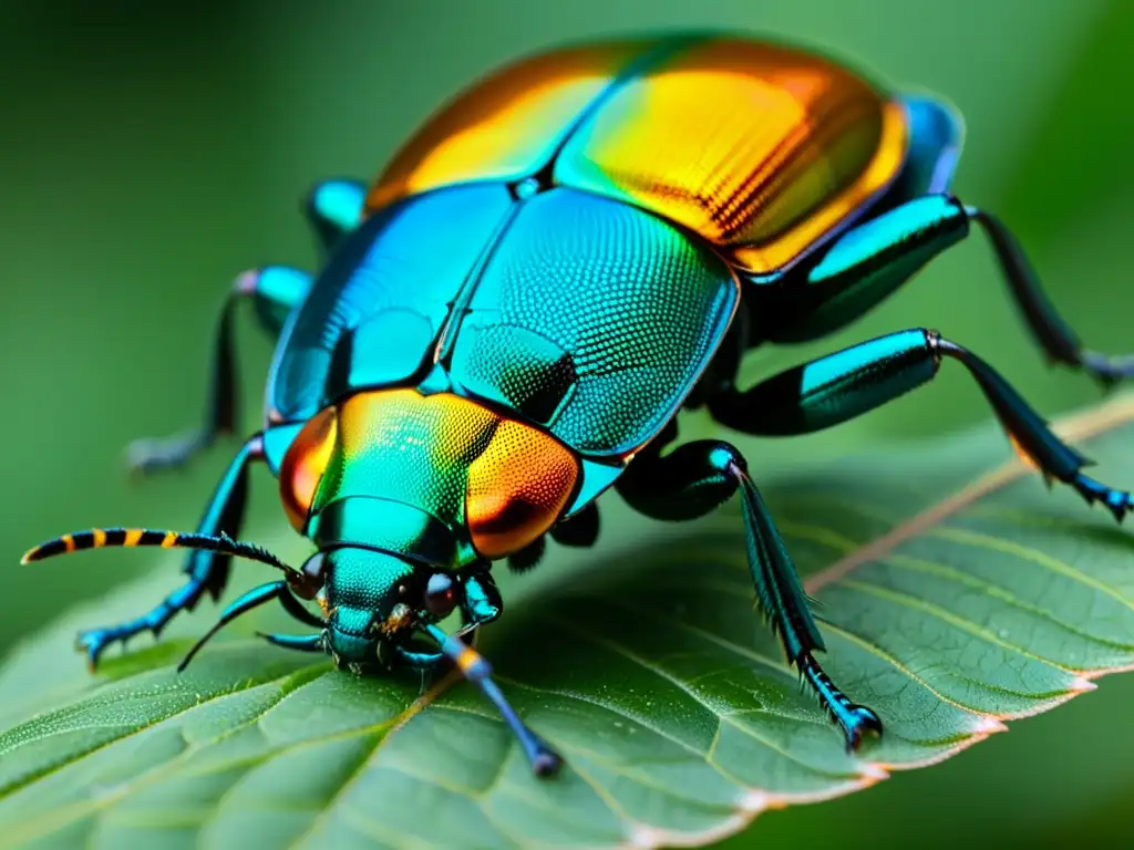 Detalle impresionante de un escarabajo volador, con adaptaciones únicas y un exoesqueleto metálico iridiscente