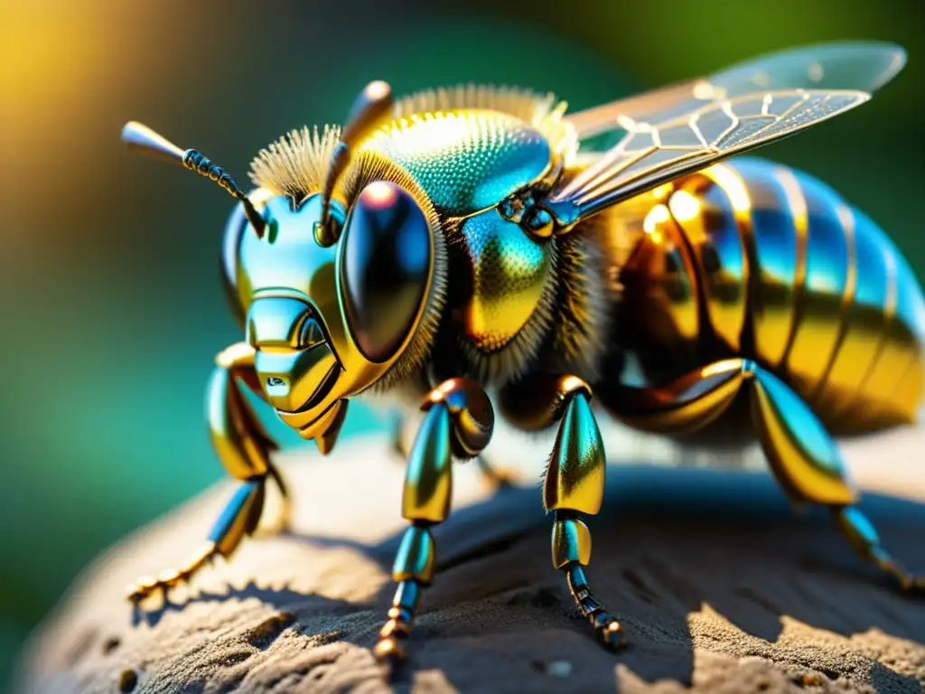 Detalle impresionante de una escultura metálica de una abeja, resaltando su belleza y la importancia de los insectos en ecología