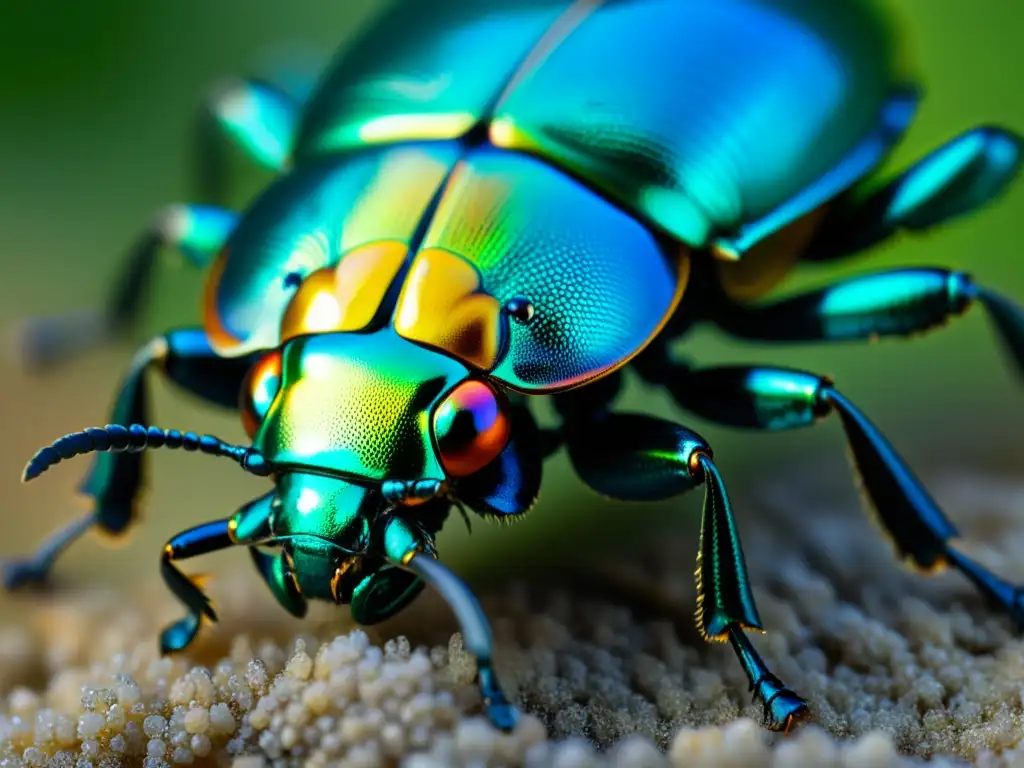 Detalle impresionante del exoesqueleto de un escarabajo, resaltando las adaptaciones únicas de su cuerpo