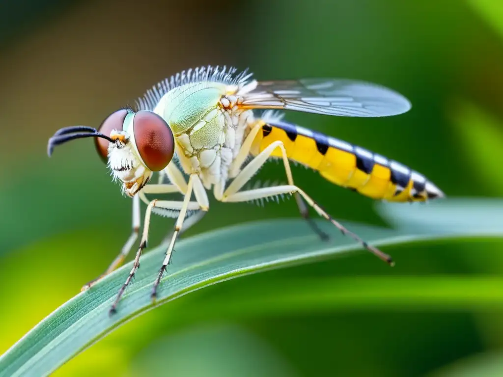 Detalle impresionante de un flebótomo (Lutzomyia longipalpis) en una hoja, resaltando sus alas translúcidas y patas peludas