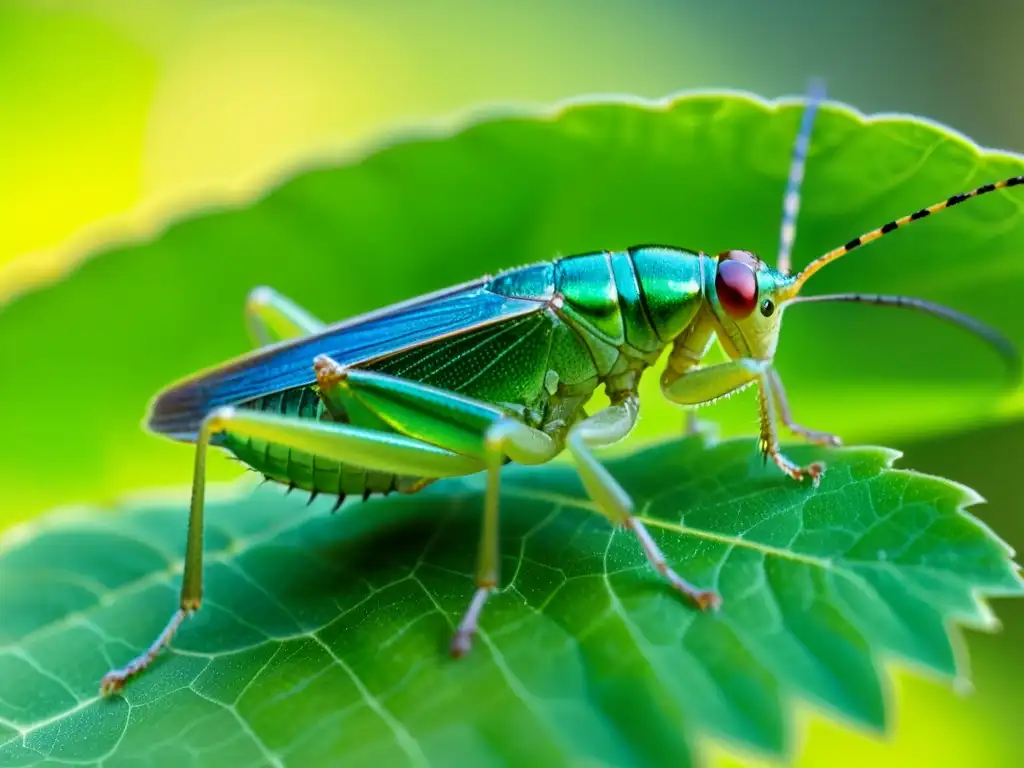 Detalle impresionante de un grillo verde en una hoja, resaltando la sostenibilidad alimentaria de los suplementos de insectos
