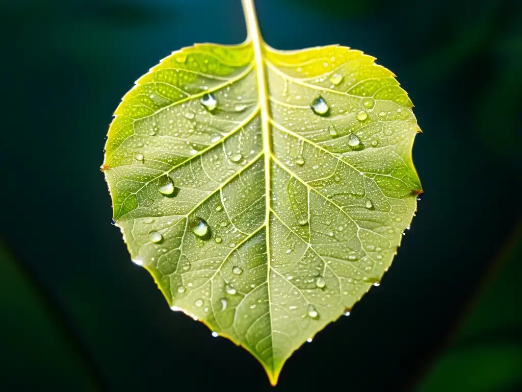 Detalle impresionante de una hoja con gotas de agua y exoesqueleto de insecto