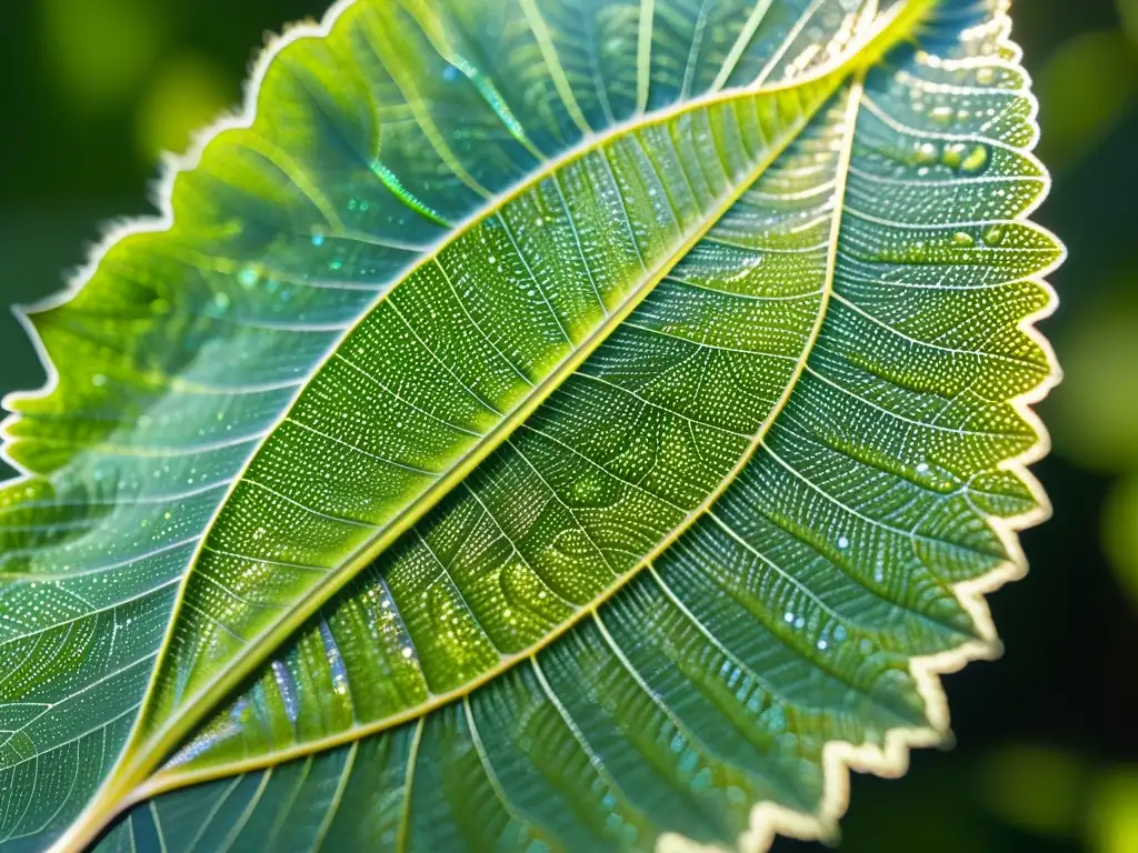 Detalle impresionante de una hoja verde vibrante con alas de insecto translúcidas