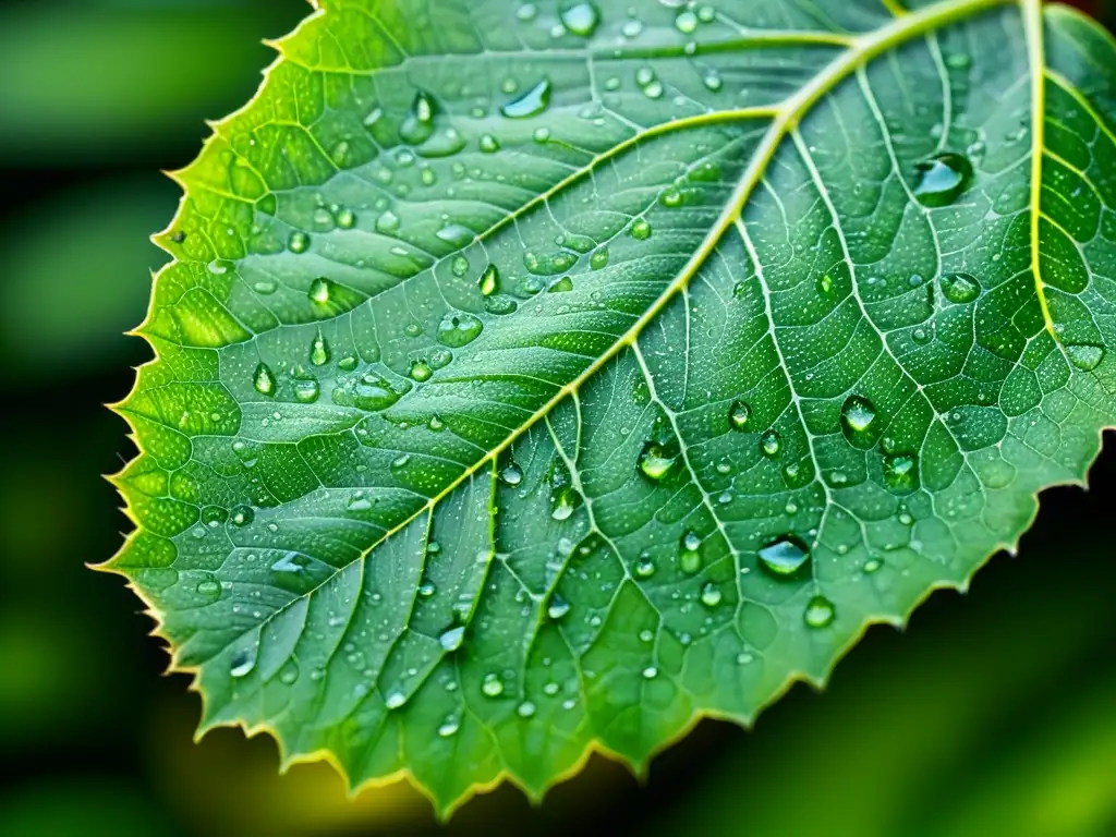 Detalle impresionante de hoja verde con gotas de agua, revelando redes de venas y textura