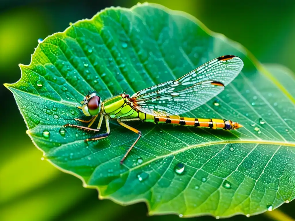 Detalle impresionante de una hoja verde con rocío y una libélula iridiscente, perfecta para consejos fotografiar vida insectos