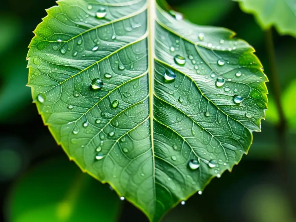 Detalle impresionante de una hoja verde con gotas de agua, reflejando la luz del sol