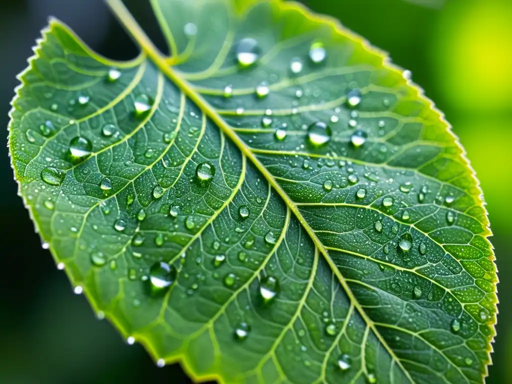 Detalle impresionante de una hoja verde cubierta de gotas de agua, reflejando la luz del sol