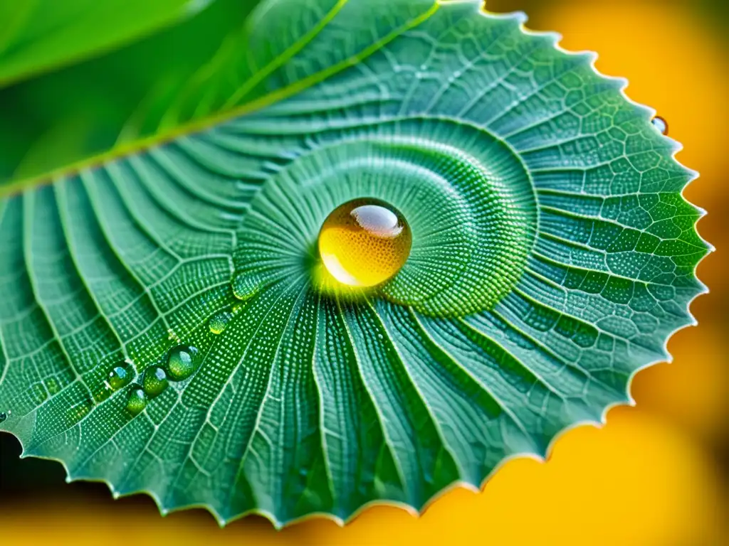 Detalle impresionante de hoja verde con huevos de insectos en espiral