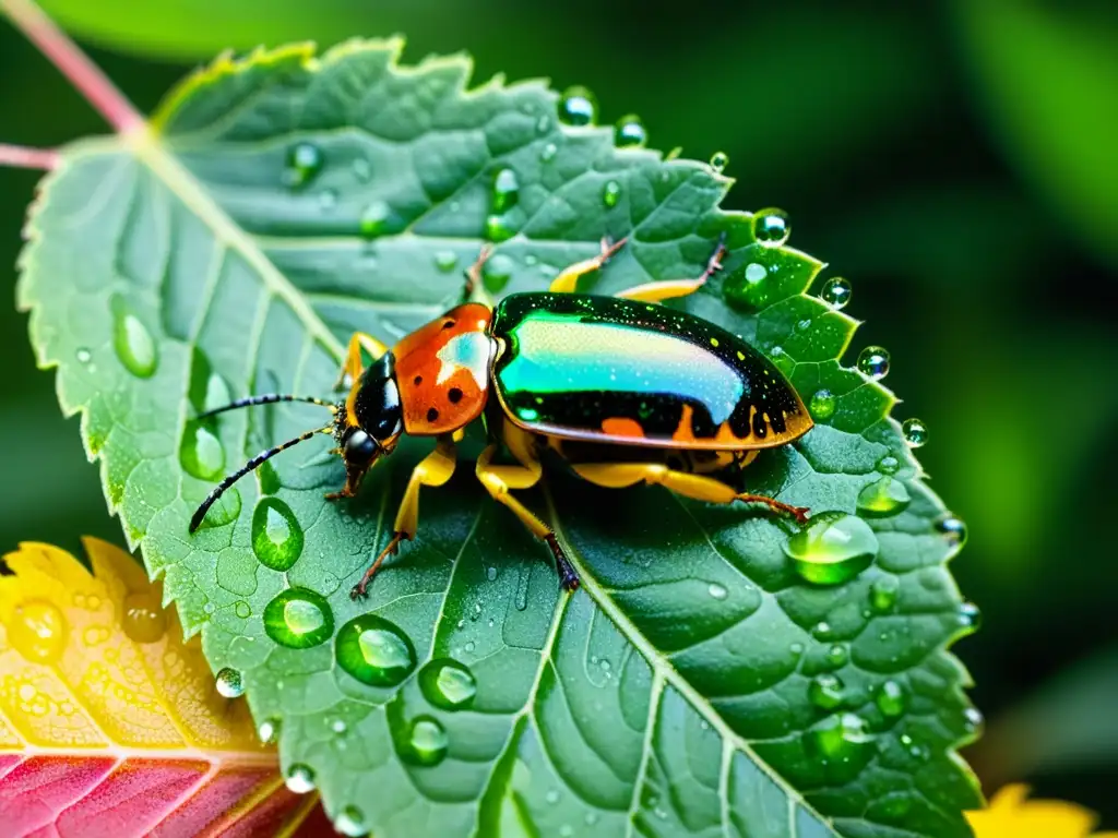 Detalle impresionante de hoja verde con gotas de agua y escarabajos iridiscentes