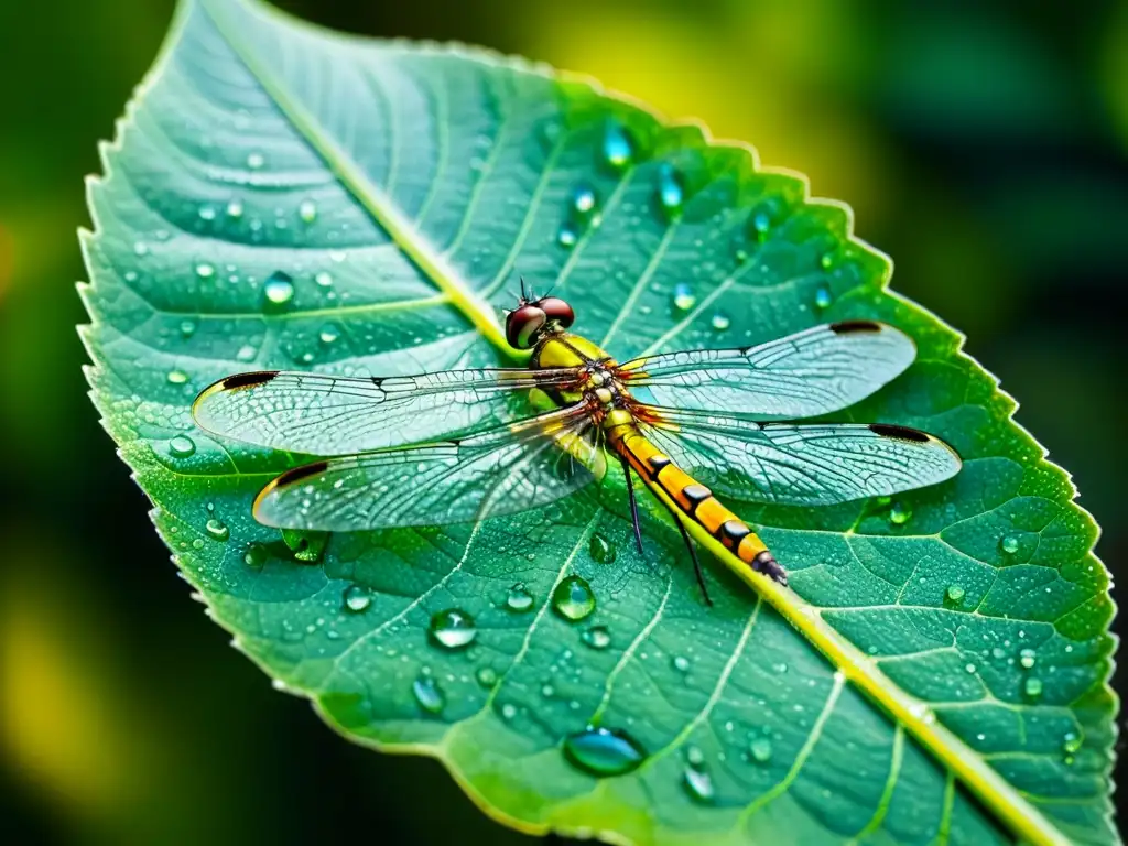 Detalle impresionante de una hoja verde con gotas de agua y una libélula