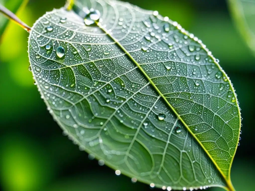 Detalle impresionante de una hoja verde cubierta de gotas de agua, con una red de seda de araña