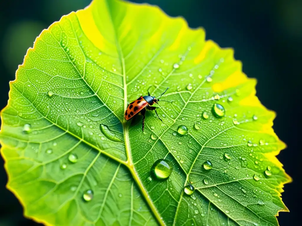 Detalle impresionante de hoja verde con insectos coloridos resaltando la importancia de los insectos en ecosistemas