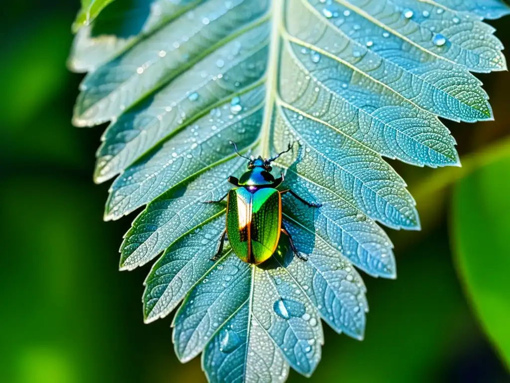 Detalle impresionante de una hoja verde vibrante con gotas de rocío, donde un escarabajo iridiscente explora su entorno