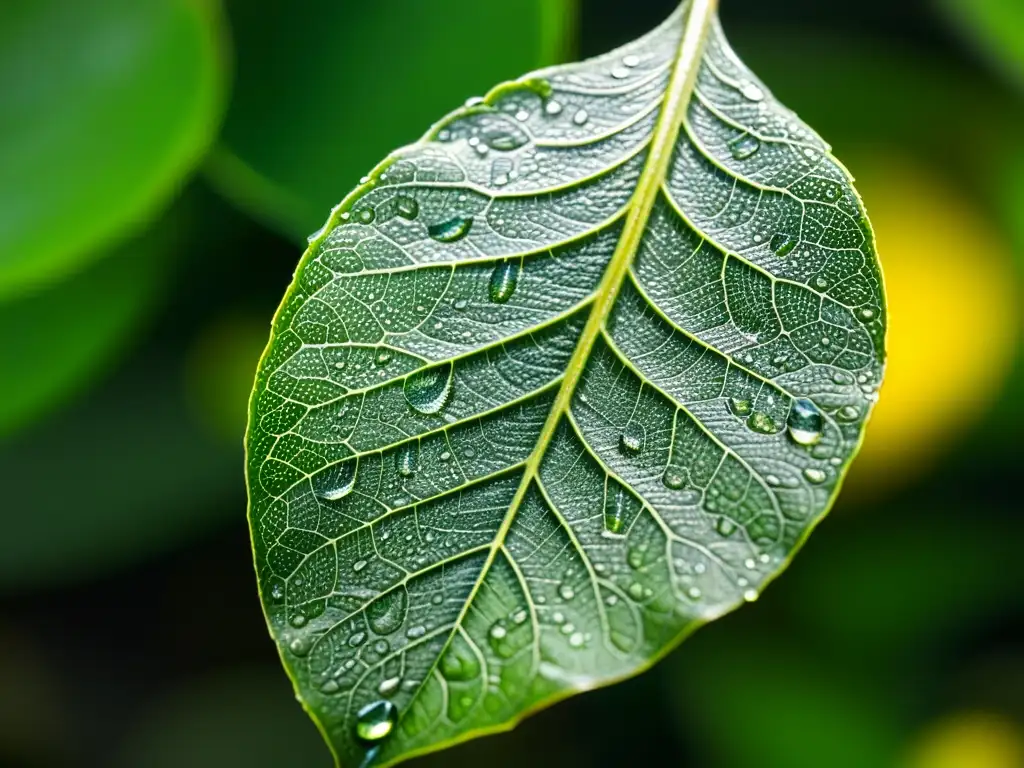 Detalle impresionante de una hoja verde vibrante con gotas de agua, reflejando la luz solar