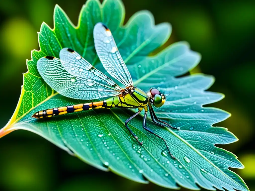 Detalle impresionante de una hoja verde con gotas de rocío y una libélula iridiscente, resaltando la importancia de los insectos en ecología