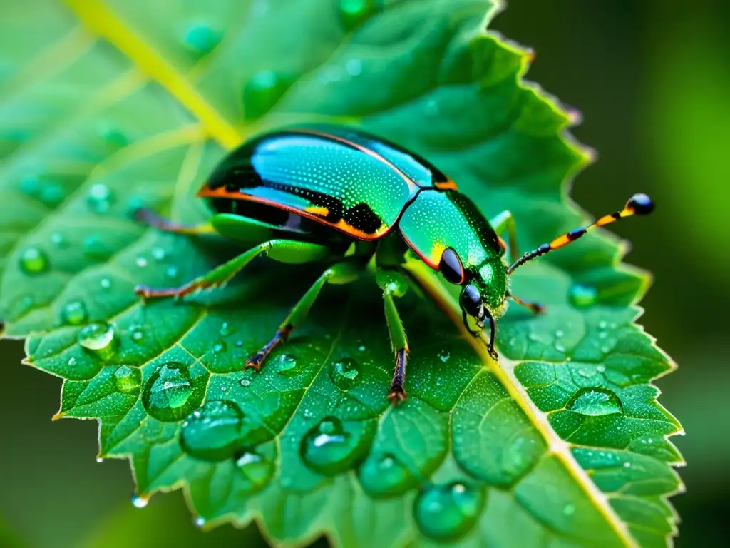 Increíble detalle: Escarabajo iridiscente sobre hoja Detalle impresionante de hoja verde con gotas de agua y un escarabajo iridiscente