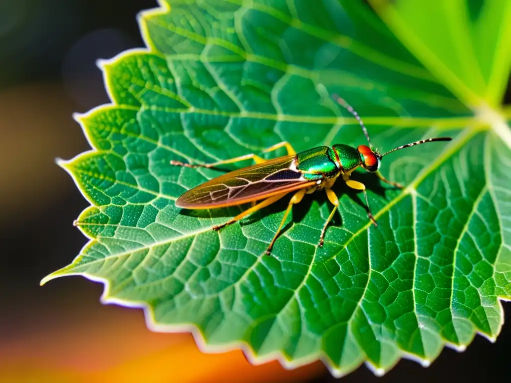 Detalle impresionante de una hoja verde vibrante con un insecto colorido