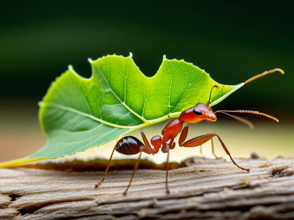 Detalle impresionante de una hormiga cortadora de hojas transportando una hoja gigante, destacando su fuerza y adaptabilidad