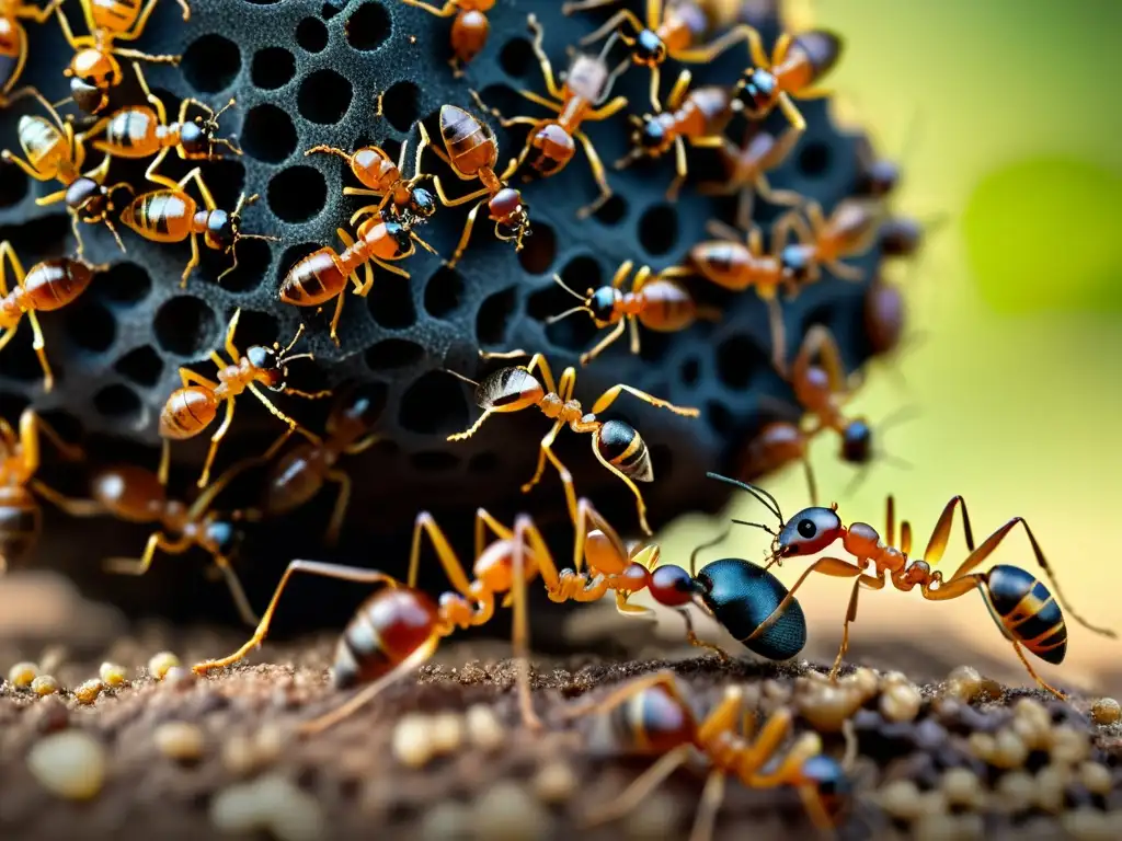 Detalle impresionante de hormigas trabajando en equipo para transportar comida, mostrando su inteligencia colectiva y resolución de problemas