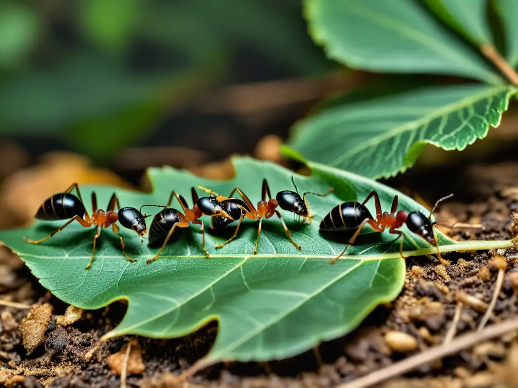 Detalle impresionante de hormigas descomponiendo una hoja en el bosque, resaltando la importancia de los insectos en descomposición