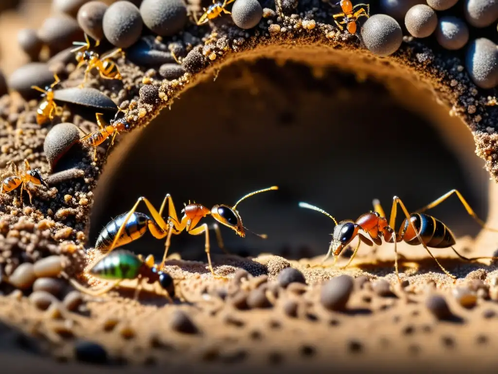 Detalle impresionante de un hormiguero bullicioso, con hormigas trabajadoras transportando comida, cuidando larvas y navegando por intrincados túneles