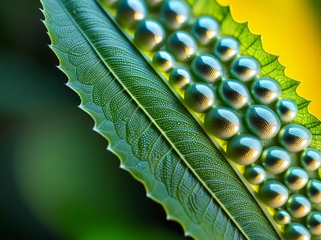 Detalle impresionante de huevos de insectos sobre hoja verde