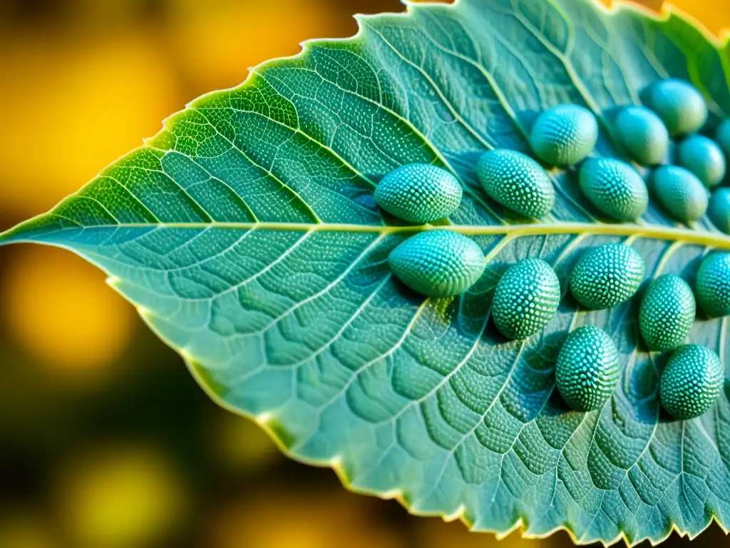 Detalle impresionante de huevos de insectos en hoja verde, resaltando la importancia de los insectos en ecosistemas