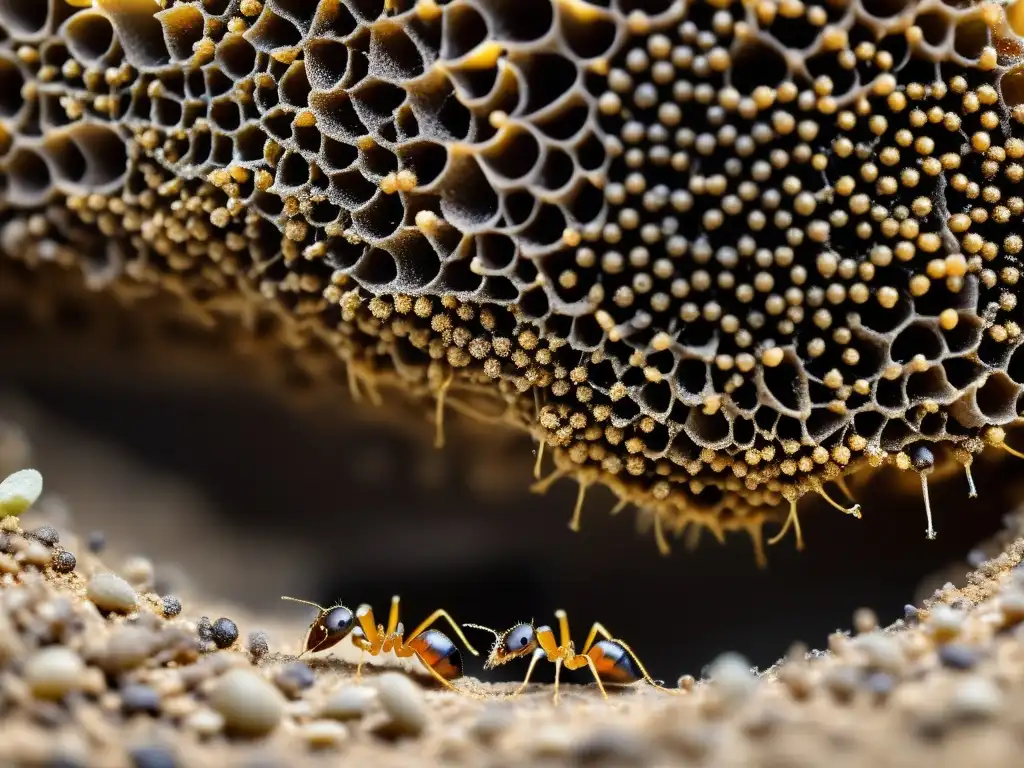 Detalle impresionante de la importancia de la cooperación entre insectos en una hormiguero bullicioso