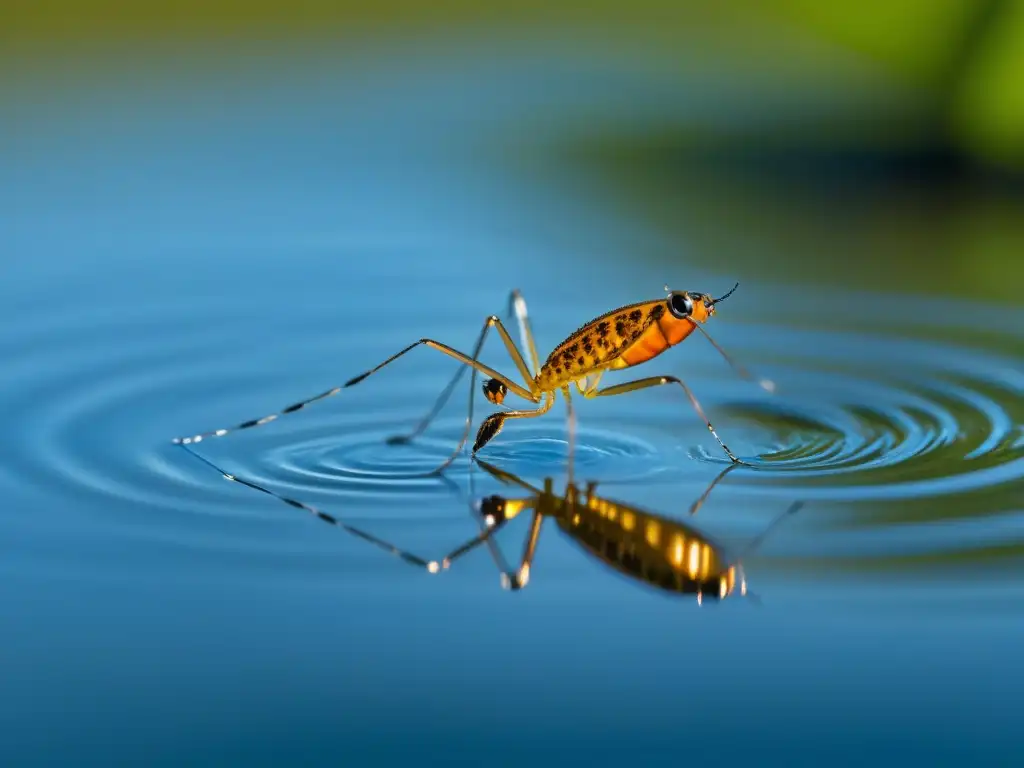 Detalle impresionante de un insecto acuático sobre la tensión del agua en un estanque sereno, mostrando la relación fascinante con su ecosistema acuático