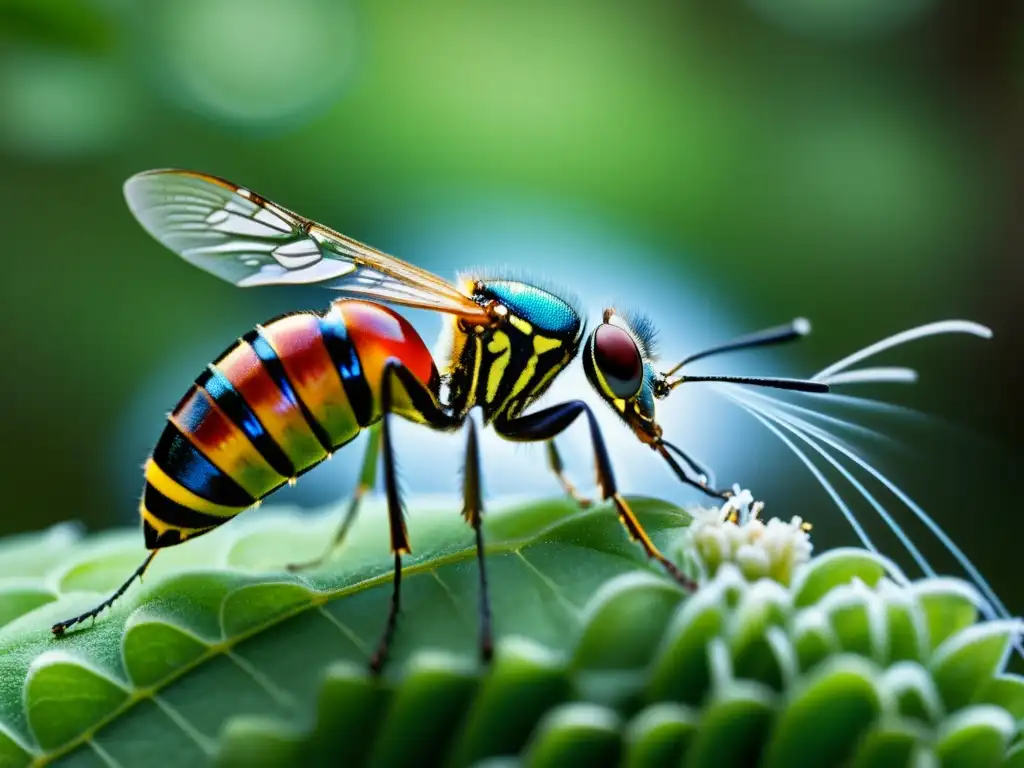 Detalle impresionante de insecto liberando feromonas en el aire en un bosque, demostrando el manejo ecológico de plagas con feromonas artificiales