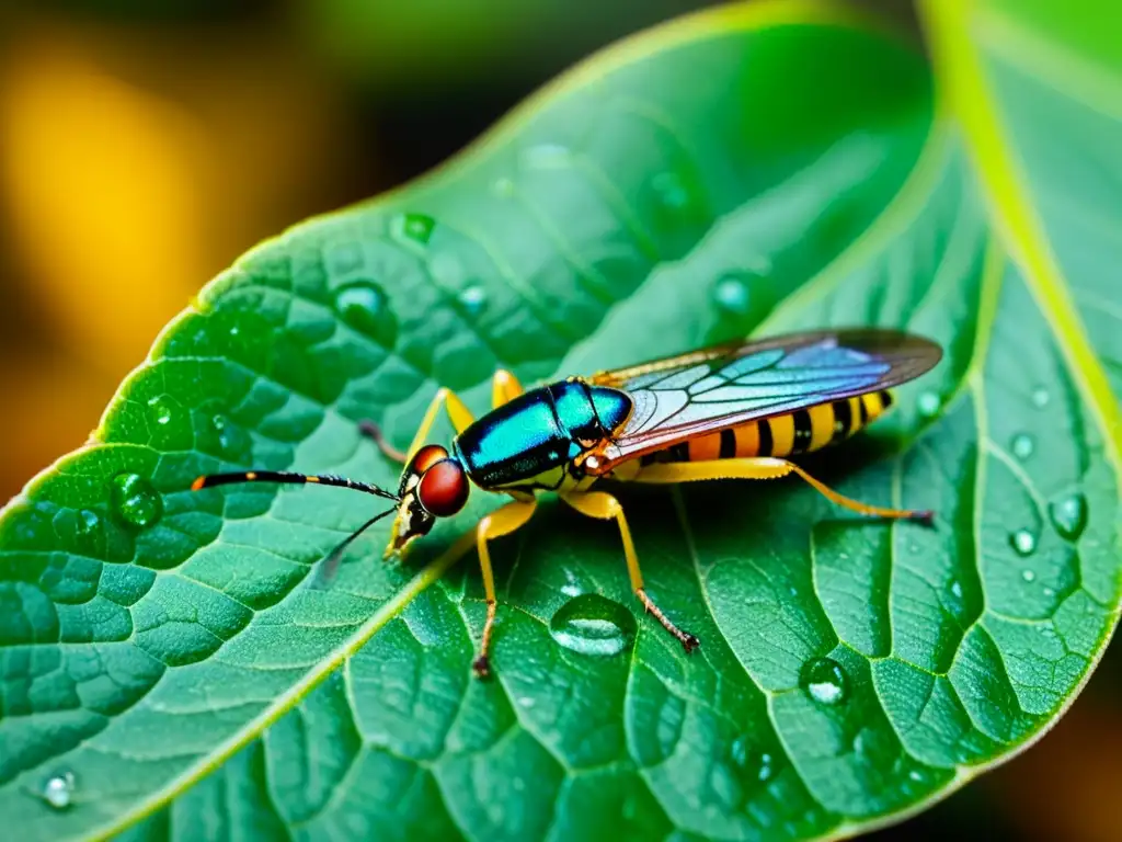 Detalle impresionante de insecto en hoja verde con gotas de agua