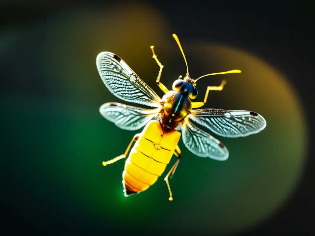 Detalle impresionante de un insecto nocturno bioluminiscente con alas y abdomen visibles, destacando la bioluminiscencia en insectos nocturnos