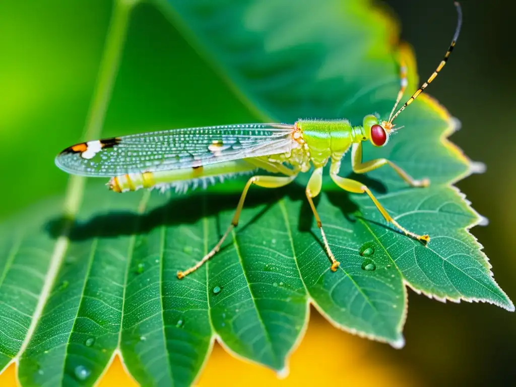 Un detalle impresionante de un insecto verde brillante en una hoja, resaltando la importancia de los insectos en bioindicación