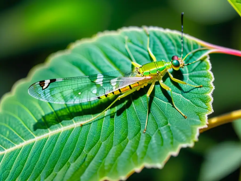 Detalle impresionante de un insecto crisopa verde en una hoja, revelando sus alas traslúcidas