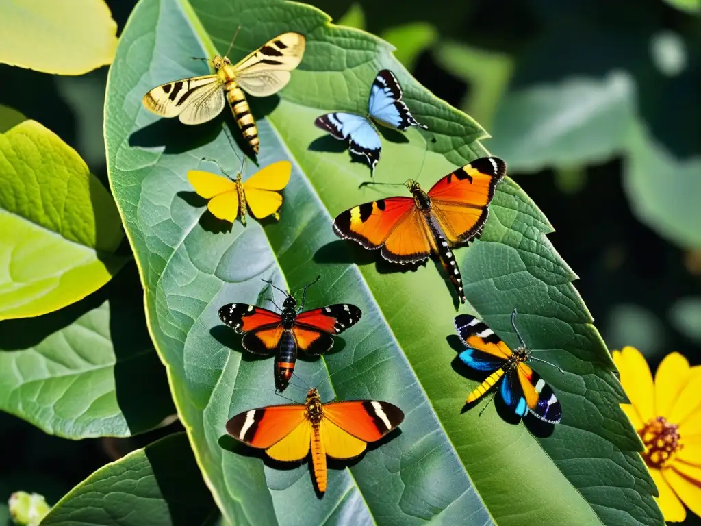 Detalle impresionante de insectos coloridos en hojas y flores