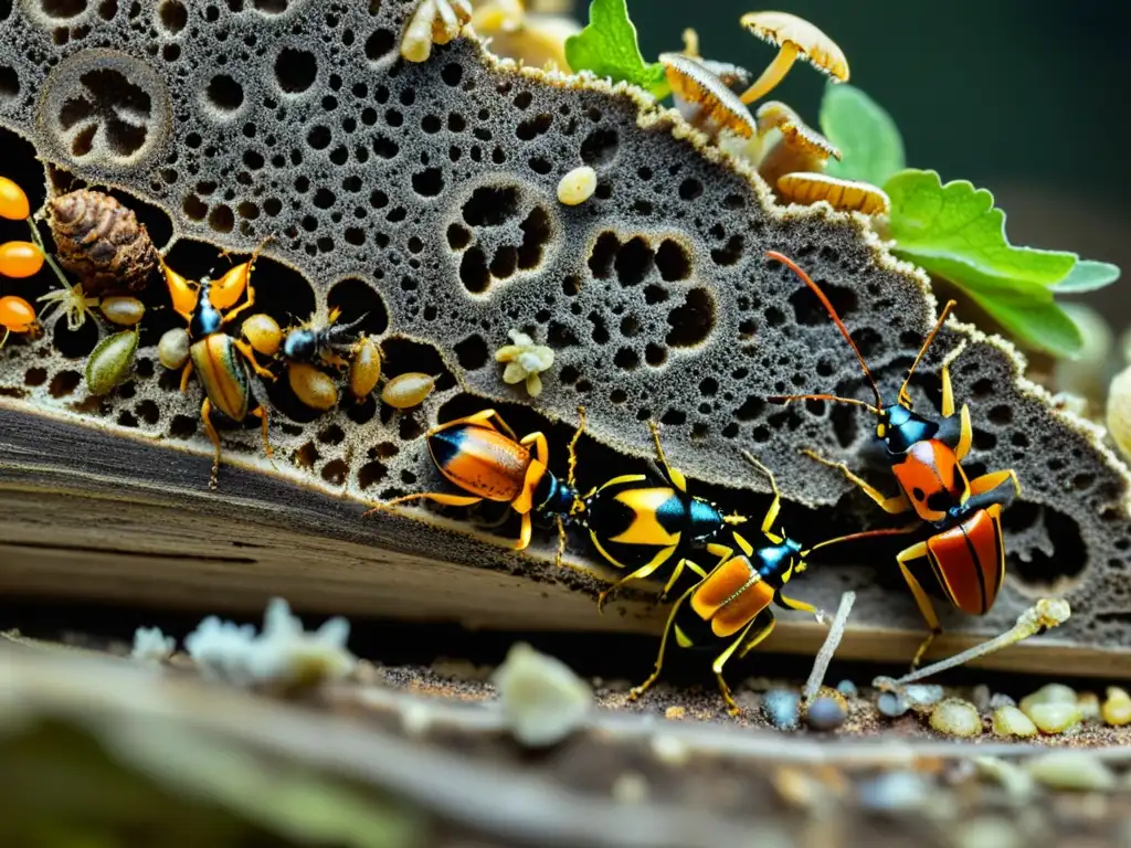 Detalle impresionante de insectos coloridos alimentándose de materia orgánica en descomposición, mostrando la importancia de los insectos en descomposición