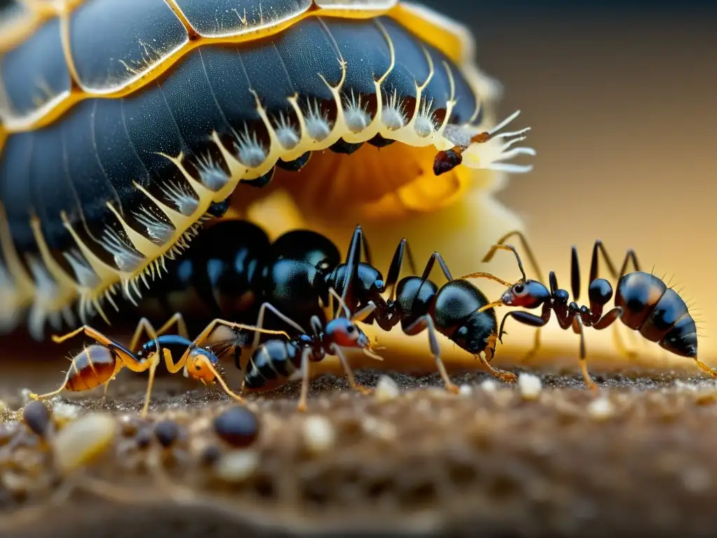 Detalle impresionante de una larva de hormiga en metamorfosis, rodeada por obreras, mostrando la naturaleza organizada del ciclo vital de las hormigas