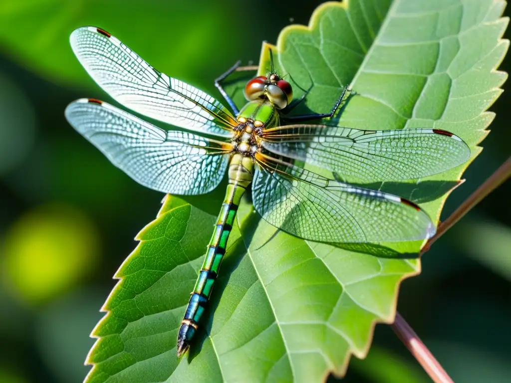 Detalle impresionante de una libélula verde vibrante posada en una hoja, resaltando sus alas y estructura