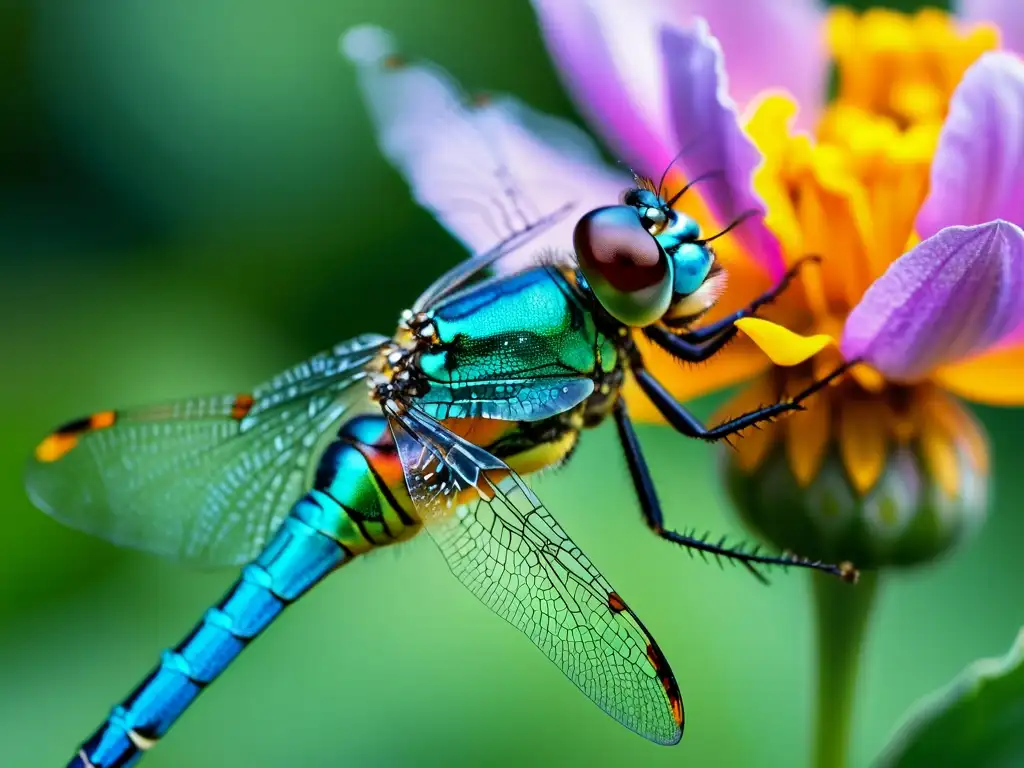 Detalle impresionante de una libélula en vuelo cerca de una flor vibrante