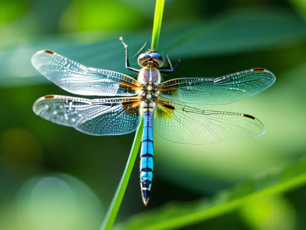 Detalle impresionante de una libélula en vuelo, mostrando sus alas transparentes con patrones intrincados y estructura delicada