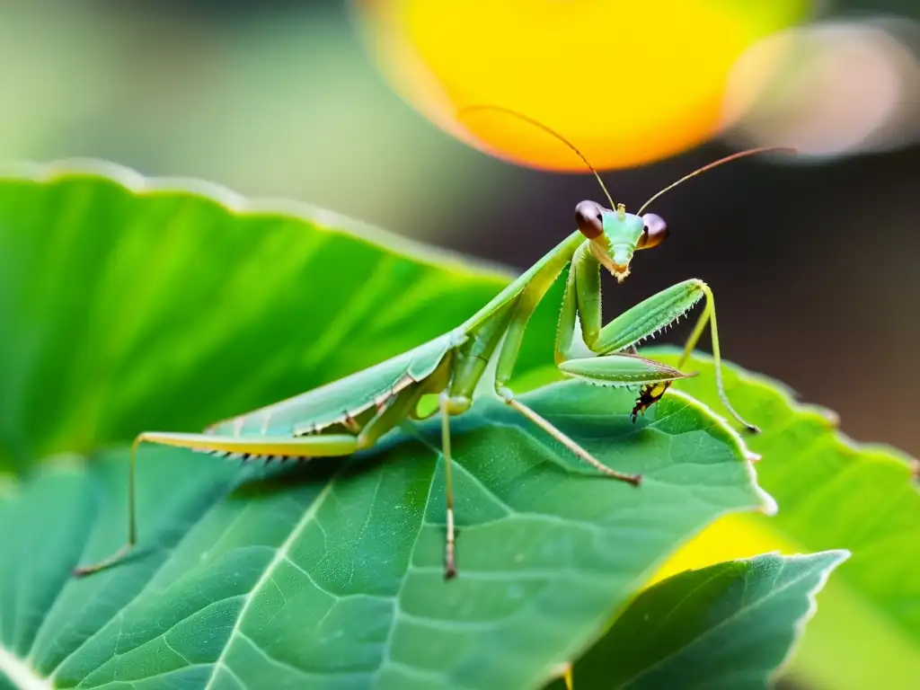 Detalle impresionante de una mantis religiosa verde sobre una hoja, con sus ojos y patas visibles