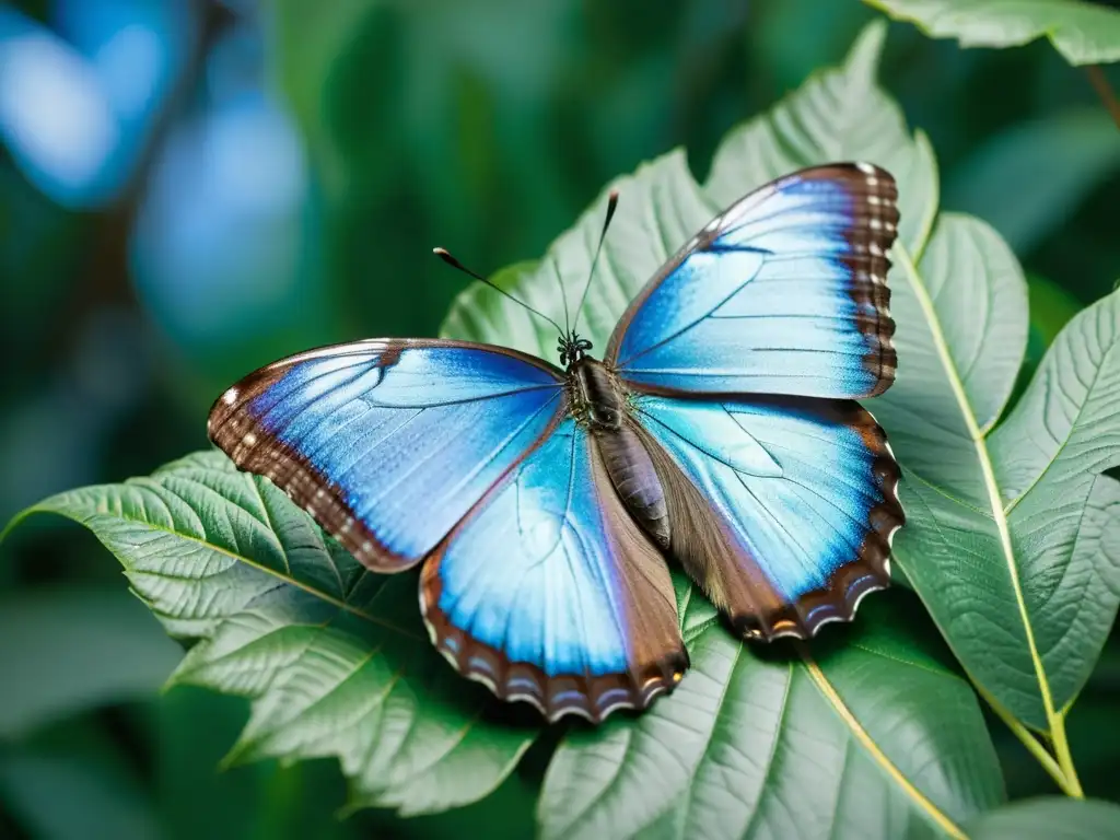 Detalle impresionante de una mariposa morpho azul iridiscente en una hoja, mostrando la belleza de especies de insectos exóticos raros