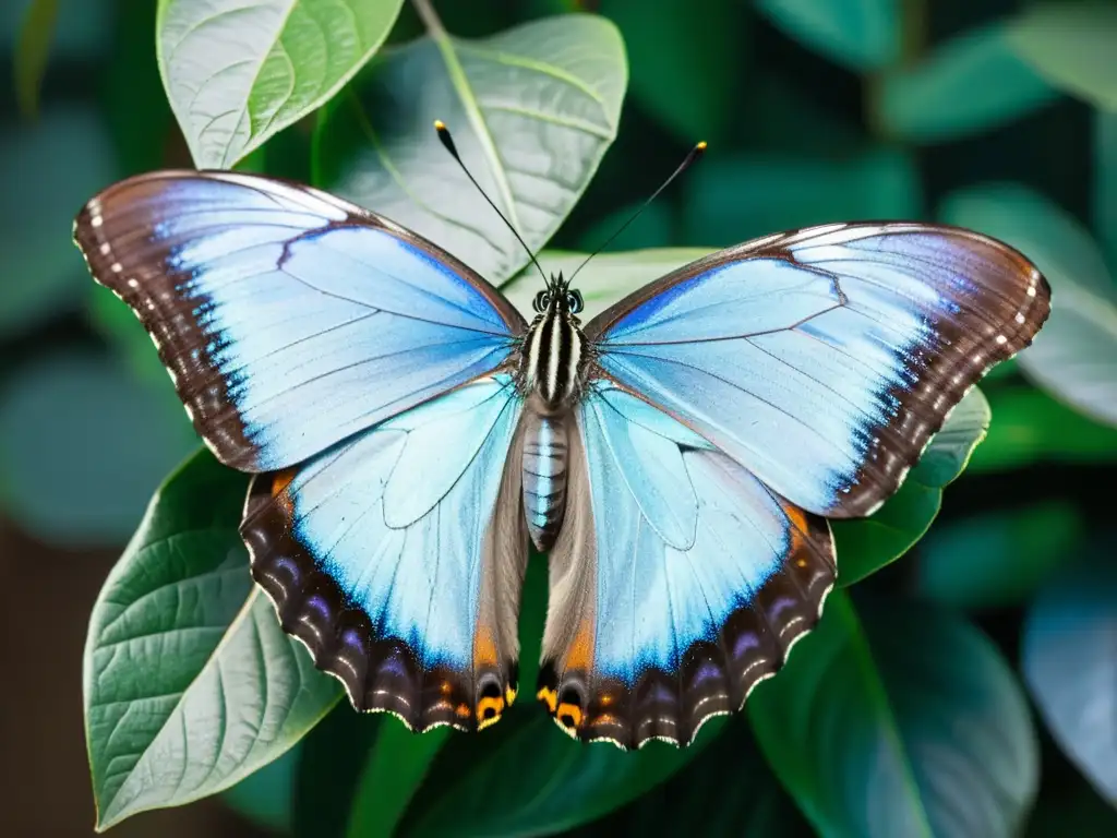 Detalle impresionante de mariposa azul morfo con alas abiertas, posada en flores silvestres