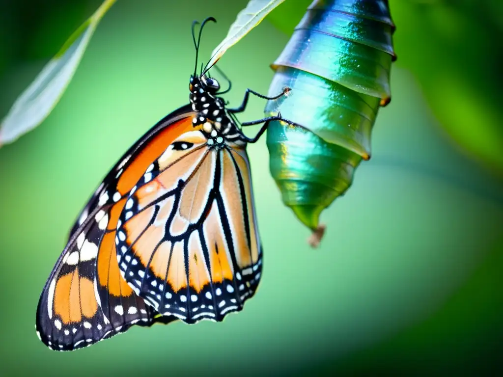 Detalle impresionante de una mariposa monarca recién emergida de su crisálida, resplandeciendo con colores iridiscentes