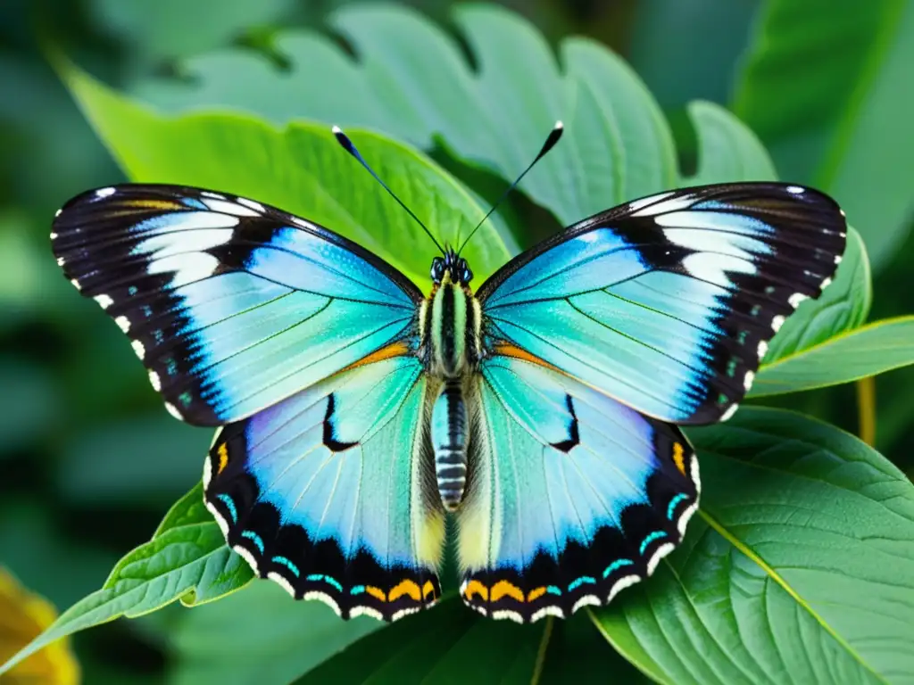 Detalle impresionante de una mariposa iridiscente posada en una hoja verde vibrante