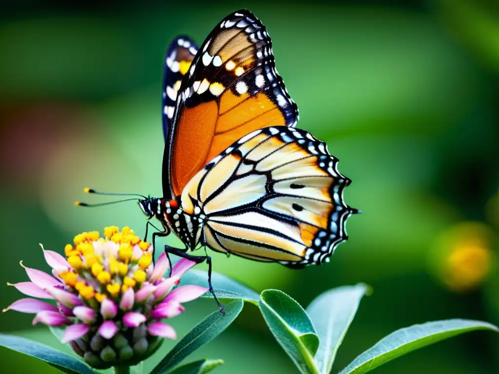 Detalle impresionante de mariposa monarca en flor de algodoncillo