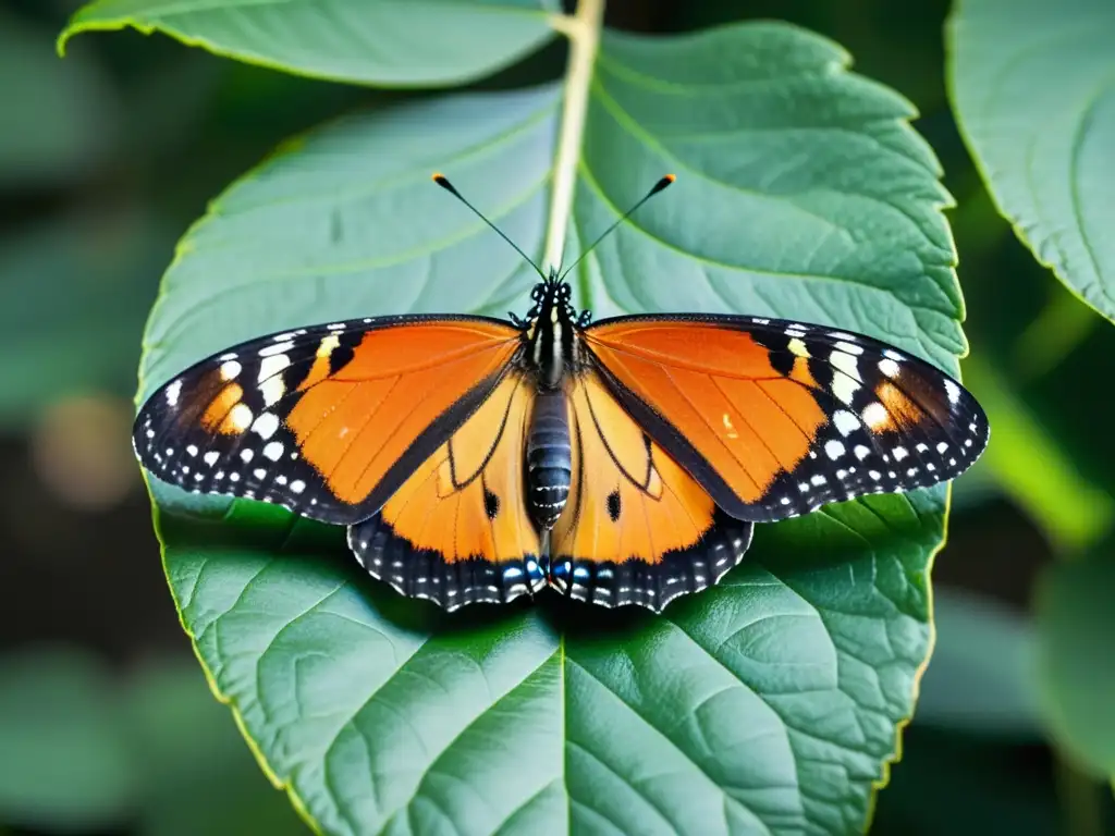 Detalle impresionante de una mariposa monarca en una hoja verde vibrante