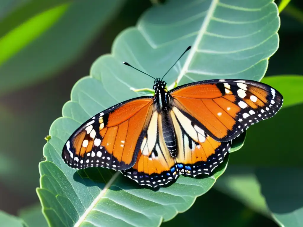 Detalle impresionante de una mariposa monarca descansando en una planta verde, con sus alas delicadas proyectando una sombra hipnotizante